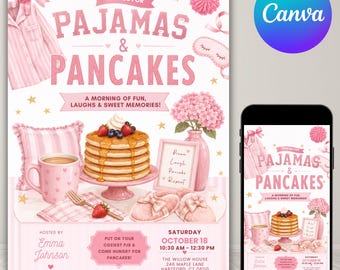 Puede incluir: Una invitación de fiesta de pijamas y tortitas en tonos rosas con una pila de tortitas, una taza, zapatillas y un antifaz. El texto dice Join Us For Pajamas & Pancakes, A Morning Of Fun, Laughs & Sweet Memories, Saturday October 18.