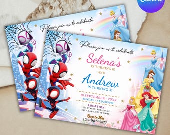 Puede incluir: Una tarjeta de invitación de cumpleaños rectangular con Spider-Man y Ghost-Spider a la izquierda, y varias princesas Disney a la derecha. El texto dice: Please join us to celebrate, Selena's is turning 6, and Andrew is turning 4, 18 September - 20XX, Sunday - at 02:00 PM, Location 1234 Street, Area Name, City Name, State Name, Rsvp to Mia 124-987-4577.