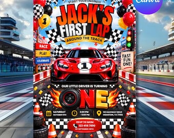 Puede incluir: Una invitación de cumpleaños con temática de carreras que muestra un coche deportivo rojo con el número 1, banderas a cuadros y globos. El texto incluye 'Jack's First Lap', 'Our Little Driver Is Turning One', detalles del evento y un botón RSVP.
