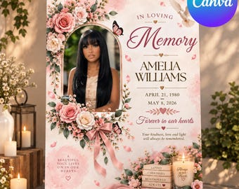 Puede incluir: Una plantilla de letrero conmemorativo funerario con el retrato de una persona, rosas rosas, mariposas y una paloma blanca. El texto incluye IN LOVING MEMORY, AMELIA WILLIAMS, APRIL 21, 1980, MAY 8, 2026, FOREVER IN OUR HEARTS y una vela con texto.