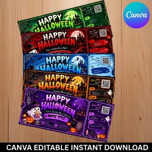 Pode incluir: Uma pilha de cinco modelos retangulares de bilhetes para uma noite de cinema de Happy Halloween em verde, vermelho, azul, laranja e roxo. Cada bilhete apresenta uma casa assombrada, um código QR e campos para detalhes de destinatário e remetente.