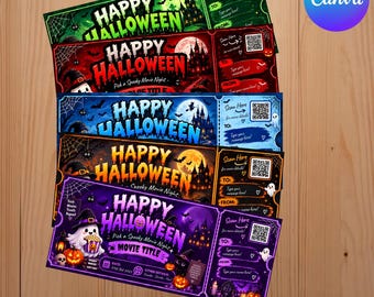Puede incluir: Una pila de cinco plantillas rectangulares de entradas para una noche de cine de Happy Halloween en verde, rojo, azul, naranja y morado. Cada entrada muestra una casa encantada, un código QR y campos para detalles de destinatario y remitente.