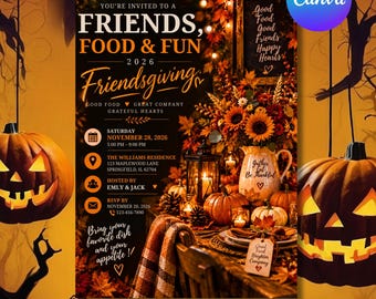 Puede incluir: Una plantilla de invitación para Friendsgiving con fondo oscuro, follaje otoñal, girasoles, calabazas y una mesa puesta. El texto incluye: You're invited to a Friends, Food & Fun 2026 Friendsgiving, sábado 28 de noviembre de 2026.