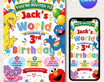 Puede incluir: Una plantilla de invitación de cumpleaños digital con Big Bird, Grover, Abby Cadabby y Elmo. El texto dice: You're invited to Jack's World to celebrate his 3rd birthday, Sunday April 20th at 8:00 AM, 123 Sesame Street, Any City, CA 12345.