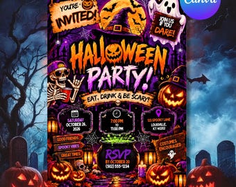 Puede incluir: Una plantilla de invitación para fiesta de Halloween con un esqueleto, calabazas, un sombrero de bruja y un caldero. El texto incluye "YOU'RE INVITED!", "HALLOWEEN PARTY!", "EAT, DRINK & BE SCARY!", "SATURDAY OCTOBER 26, 2026", "7:00 PM TO 11:00 PM" y "RSVP".