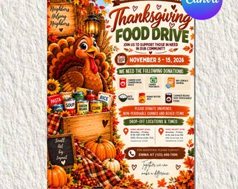 Puede incluir: Un folleto de colecta de alimentos de Acción de Gracias para la escuela King Heart con un pavo, hojas de otoño y una caja de madera con comida. El texto incluye las fechas del 5 al 15 de noviembre de 2026, donaciones y contactos.