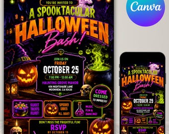 Puede incluir: Un folleto de invitación para una fiesta de Halloween con una calabaza, un caldero verde burbujeante, una calavera y un farol. El texto dice: You're invited to a spooktacular Halloween bash, Friday October 25, 7:00 PM to 12:00 AM.