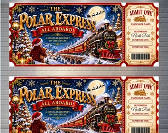 Puede incluir: Un cartel rectangular con el tema de El Expreso Polar, que muestra un tren de vapor, un niño con gorro rojo y un billete a la derecha. El texto dice The Polar Express, All Aboard, A Magical Journey To Christmas y Admit One.