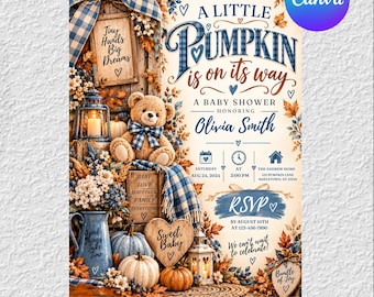 Puede incluir: Una plantilla de invitación para baby shower con un osito de peluche, detalles de cuadros azules, calabazas y linternas. El texto incluye A LITTLE PUMPKIN IS ON ITS WAY, HONORING Olivia Smith, SATURDAY AUG 24, 2024, AT 2:00 PM, THE ANDREW HOME.
