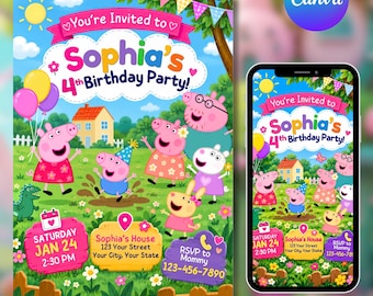 Puede incluir: Una plantilla de invitación de cumpleaños digital con personajes de Peppa Pig en un campo, una casa, globos coloridos y el texto You're Invited to Sophia's 4th Birthday Party, Saturday Jan 24, 2:30 PM, e información de RSVP.