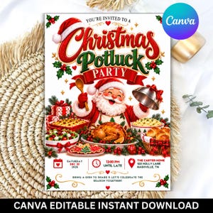 May include: A Christmas potluck party invitation featuring Santa Claus holding a wooden spoon and a silver serving dish. The text reads: You're invited to a Christmas Potluck Party, Saturday Dec 20 2026, 12:00 PM until late, The Carter Home.
