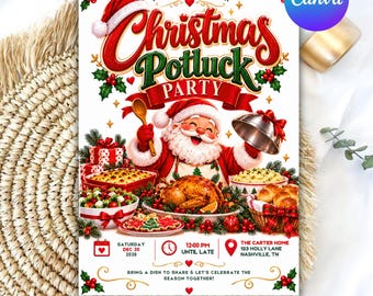Puede incluir: Una invitación para una fiesta de Navidad con Santa Claus sosteniendo una cuchara de madera y una bandeja plateada. El texto dice: You're invited to a Christmas Potluck Party, Saturday Dec 20 2026, 12:00 PM until late, The Carter Home.