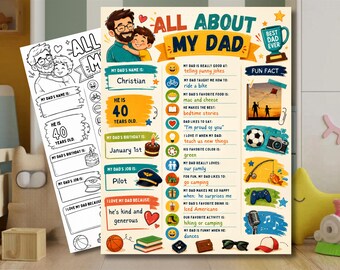 Puede incluir: Una plantilla imprimible para el Día del Padre con un cuestionario colorido titulado All About My Dad. La hoja incluye secciones para nombre, edad, cumpleaños, trabajo y datos curiosos con ilustraciones de un trofeo, balón y cámara.