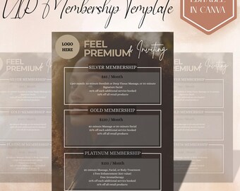 Puede incluir: Una plantilla digital de membresía VIP para Canva con un fondo oscuro y una superposición de retrato. El texto incluye VIP Membership Template, Fully Editable in Canva, Feel Premium & Inviting, y detalles para las membresías Silver, Gold y Platinum.