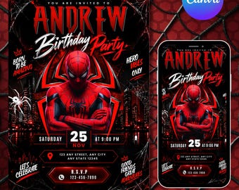 Puede incluir: Una plantilla de invitación de cumpleaños digital con temática de Spider-Man en rojo y negro. El texto dice: YOU ARE INVITED TO ANDREW Birthday Party, BORN TO BE AMAZING, HERO VIBES ONLY, SATURDAY 25 NOV AT 9:00 PM, 123 ANY STREET, ANY CITY, ANY STATE 12345, LET'S CELEBRATE, R.S.V.P 123-456-7890, GOOD FRIENDS GREAT ADVENTURES.
