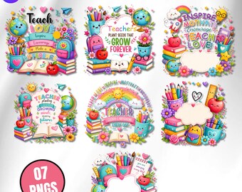 Puede incluir: Una colección digital de siete archivos PNG con coloridas ilustraciones sobre el tema de los maestros. Cada diseño incluye útiles escolares como globos terráqueos, libros, lápices, mochilas y manzanas, junto con flores decorativas y frases.