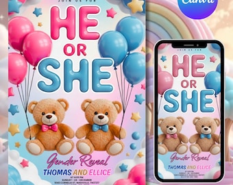 Puede incluir: Una plantilla de invitación digital para revelación de género con el texto HE OR SHE, dos ositos de peluche con lazos rosas y azules, y globos flotantes sobre un fondo de arcoíris pastel. Incluye los detalles del evento para Thomas y Ellice.