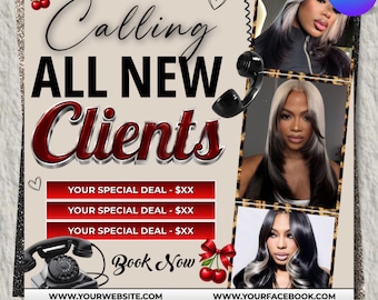 Puede incluir: Folleto editable con el texto "Calling ALL NEW Clients". Incluye imágenes de mujeres con peinados elegantes, un gráfico de teléfono vintage y el texto "Book Now". El folleto está diseñado para descarga instantánea. Se incluyen el sitio web y Facebook.