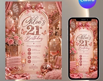 Puede incluir: Una plantilla de invitación digital para una fiesta de 21 cumpleaños en tonos rosa y oro rosa. El diseño incluye un lazo grande, mariposas, una tiara, una bola de discoteca y el texto Chloe's 21st Birthday Celebration con los detalles del evento.