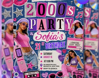 Puede incluir: Un folleto vibrante para una fiesta temática de los años 2000. El diseño presenta un collage de imágenes, incluyendo un teléfono rosa plegable, gafas de sol y un radiocasete. El texto dice "2000s Party Sofia's 21st Birthday".