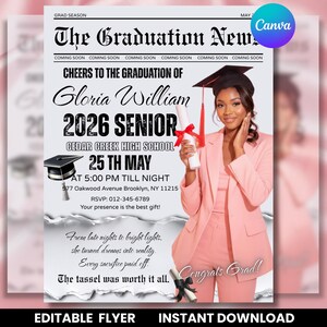May include: A graduation announcement designed as a newspaper front page. The headline reads "The Graduation News" with details for Gloria William, a 2026 Senior at Cedar Creek High School. The announcement includes the date, time, and RSVP information.