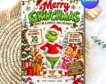 Puede incluir: Una invitación rectangular para fiesta de Navidad con el personaje verde del Grinch, un perro y una niña con vestido rojo. El texto incluye Merry Grinchmas, Saturday December 20 at 7:00 PM, The Grinch Residence 1234 Holiday Way y RSVP Cindy 303-123-4567.