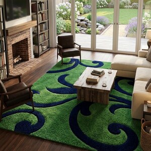 Hand Tufted Abstract Scroll Pattern Green Blue Area Rug 8x10 Feet Modern Living Decor