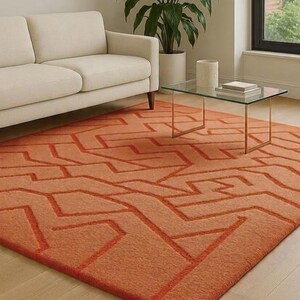 Hand Tufted Geometric Maze Pattern Orange Area Rug 6x9 Feet Modern Living Room Decor