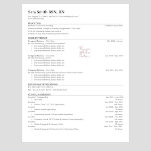 Puede incluir: Un currículum vitae profesional para Sara Smith, BSN, RN, que detalla la educación, la experiencia laboral, las licencias y la experiencia clínica. Incluye información de contacto, fecha de graduación y la frase "Things Made Cute."