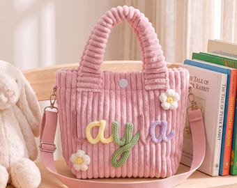 Personalized Toddler Purse with Cute Charm, Personalized Corduroy Kids Bag, Toddler Crossbody Bag, Custom Yarn Letters,Preschool Daycare Bag