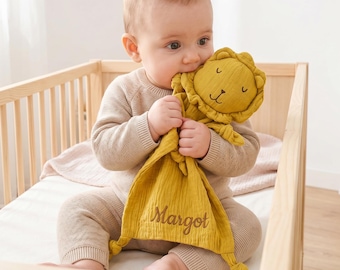 Personalized Muslin Baby Comforter, Embroidered Name Security Blanket, Soft Animal Comforter for Newborn, Embroidered Baby Lovey, New Baby