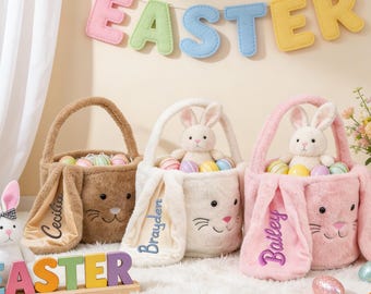 Gepersonaliseerde pluche geborduurde paasmand, konijnenmand met naam, paaseieren zoeken, geborduurde naam paasemmer, paascadeau
