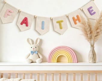 Personalized Yarn Letter Canvas Banner, Nursery Wall Hanging, Kids Room Garland, Baby Name Announcement, Nursery Decor, Baby Shower Gift