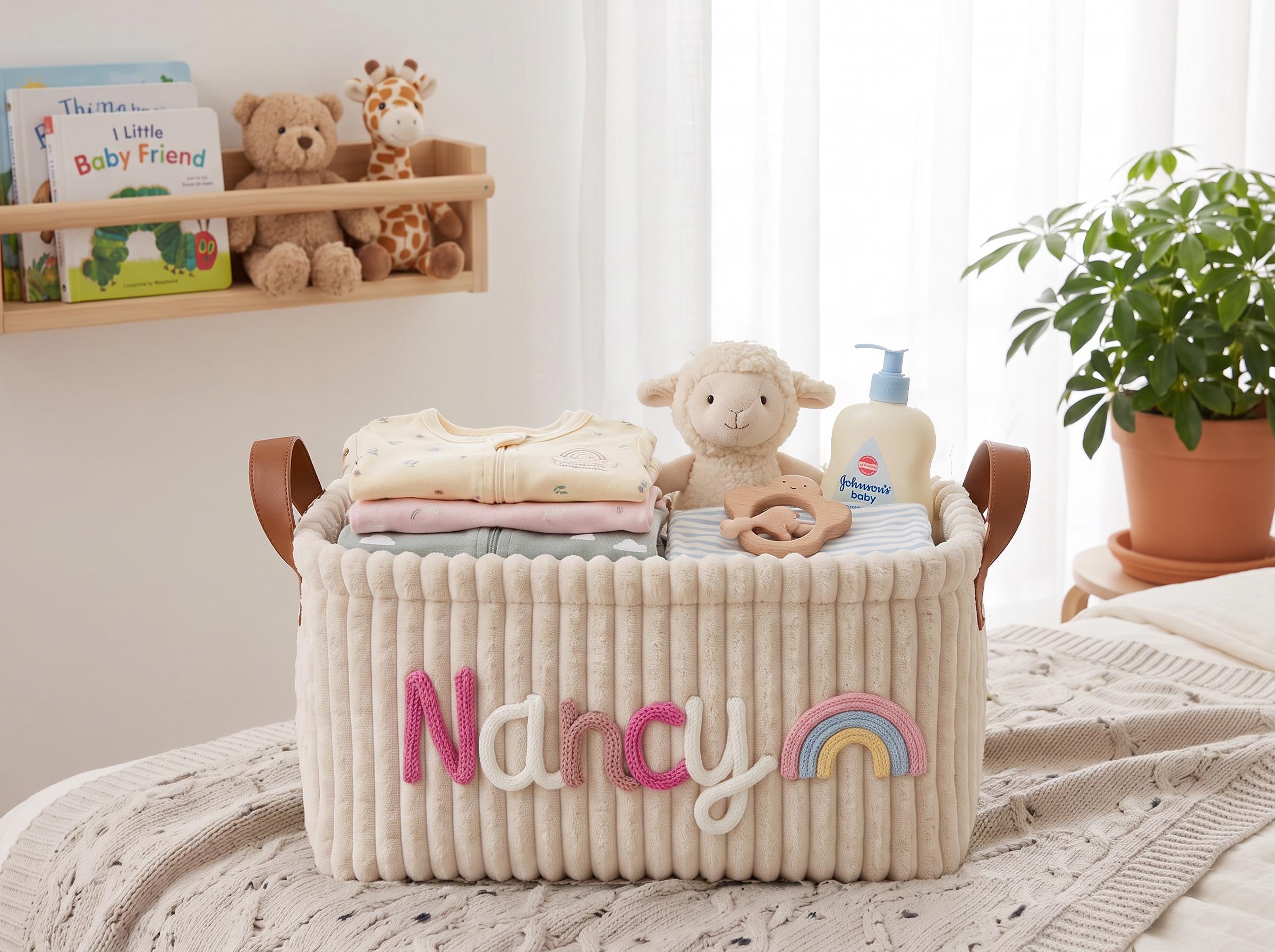 Personalized Baby Keepsake Basket, Custom Name Nursery Storage