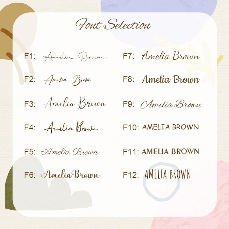 K&ouml;nnte beinhalten: Eine Schriftart-Auswahltabelle mit dem Text Font Selection oben, gefolgt von zw&ouml;lf verschiedenen braunen Schriftstilen, die von F1 bis F12 beschriftet sind und jeweils den Namen Amelia Brown in verschiedenen Schreib-, Skript- und Blockschriften zeigen.