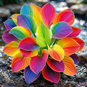 May include: A vibrant plant with large, colorful leaves. The leaves display a gradient of colors, including red, orange, yellow, green, blue, and purple. The plant is surrounded by water, creating a natural and colorful display.