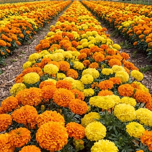 May include: A field of vibrant marigold flowers in full bloom. The flowers are a mix of bright yellow and orange, arranged in neat rows. The image captures the beauty of a sunny day, with the flowers creating a colorful and textured landscape.