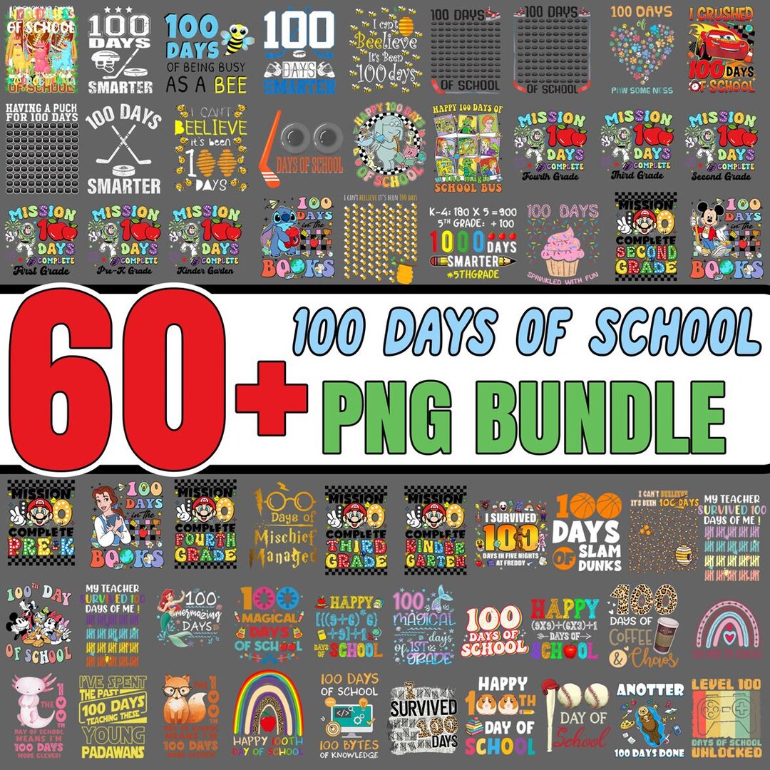 Bundle 100 Days of School Png, 60+ School Shirt Designs, 100th Day of ...