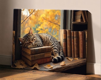 May include: A tabby cat with brown and black stripes sleeping on a stack of three vintage leather-bound books. The scene is set on a wooden windowsill next to a row of upright antique books, with golden autumn leaves visible through the window.