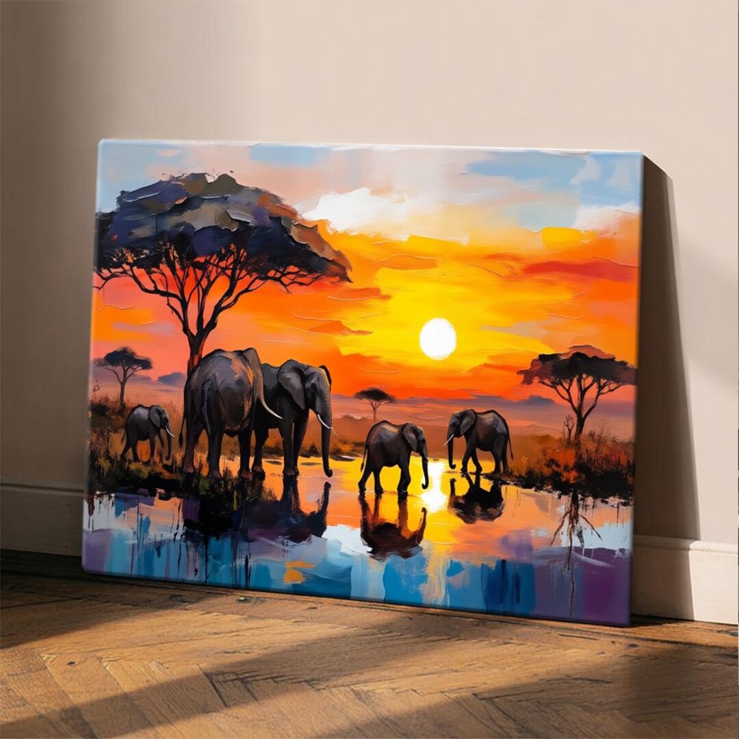 African Elephant Sunset Wall Art, Framed Safari Wildlife Canvas Print ...