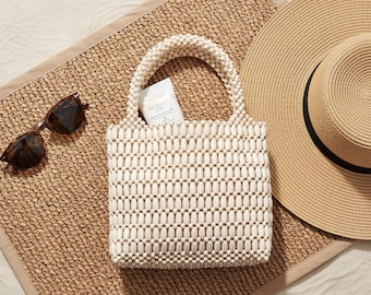 Colorful Wooden Bead Tote, Handmade Boho Beaded Handbag, Retro Lined Purse for Beach Vacation