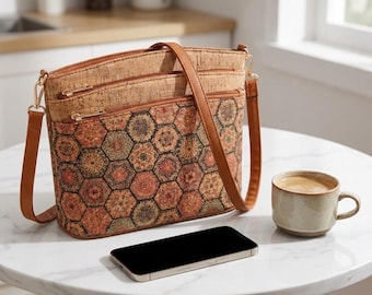 Cork Shoulder Bag, Vegan Natural Cork Pattern Handbag, Eco Friendly Leather Accents