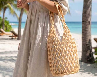 Sac à bandoulière bohème en perles de bois | Sac seau tissé main | Cabas de plage évidé | Cadeau sac décontracté écologique pour elle