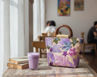 Sequin Linen Floral Embroidered Bamboo Handle HandbagTravel Toiletry Makeup Cosmetic PouchBridal WeddingBridesmaidGiftHolidayGift forMom&Her