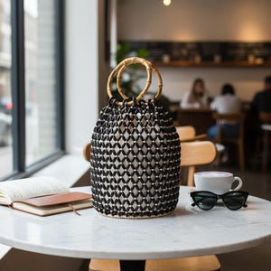 Boho Beaded Bucket Bag, Bamboo Handle Woven Vacation Beach Tote