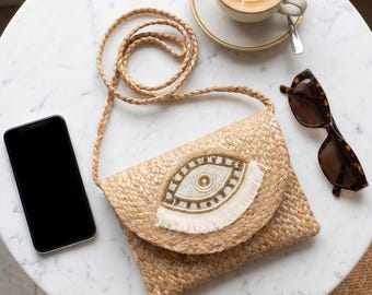 Borsa tote in paglia stile boho / Borsa a tracolla intrecciata per vacanze al mare, regalo per damigella d'onore