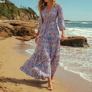Long Sleeve Maxi Dress, Paisley V Neck Summer Beach Dress, High Waist Pullover Holiday Outfit Plus Size