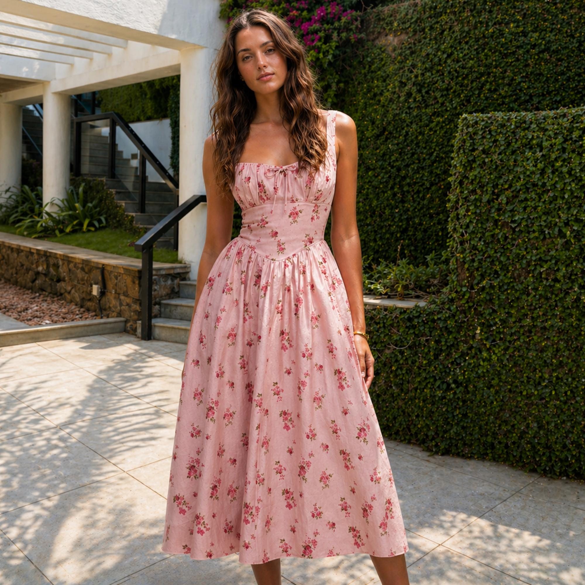hot pink midi dress with sleeves Mirana | Light PINK High-Neck Midi-Dress main image 1