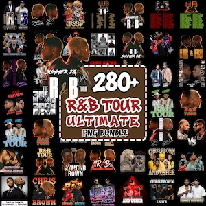 May include: A collection of R&B tour graphics featuring Chris Brown and Usher. The design includes the text "R&B Tour Ultimate PNG Bundle" with images of the artists and tour dates. The color scheme is primarily black, brown, and white.