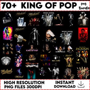 Puede incluir: Una colección de archivos PNG con temática de Michael Jackson. Las imágenes presentan varias poses, portadas de álbumes y el texto "70+ KING OF POP" y "MICHAEL JACKSON". Imágenes de alta resolución, descarga instantánea.